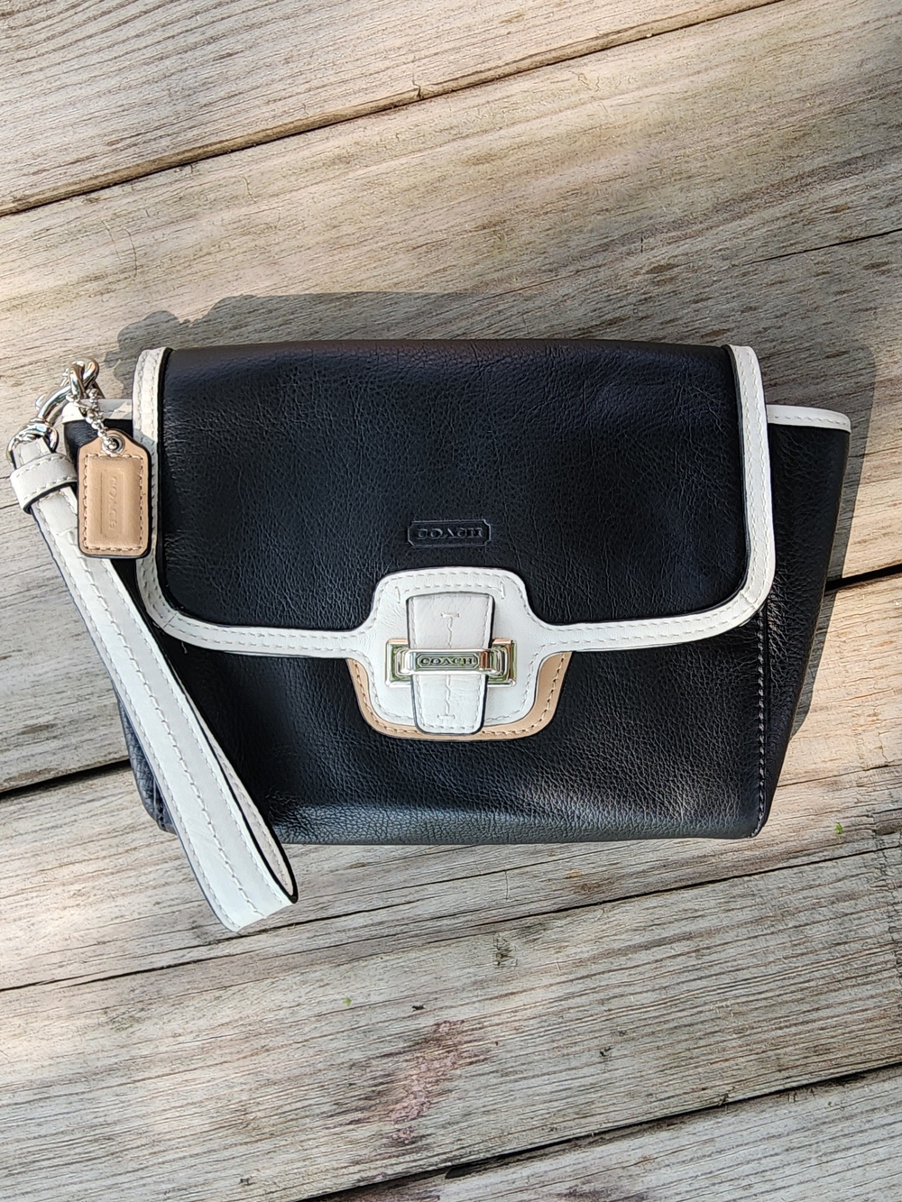 Coach Taylor Spectator Leather Flap Clutch in Black, White & Beige Like New